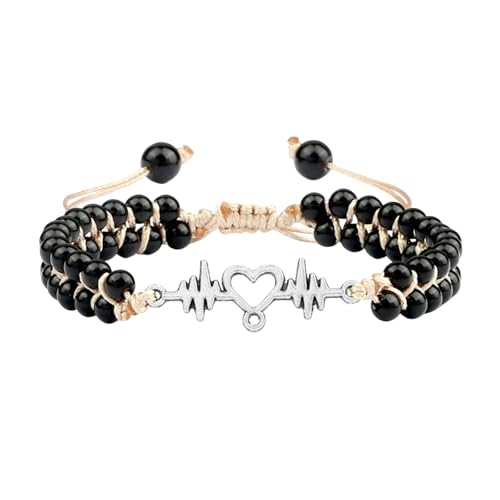 Gualiy Armband Damen aus Perlen, Doppelschicht 4MM Poliert Stein Armband mit Elektrokardiogramm für Herren von Gualiy