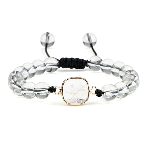 Gualiy Armband Edelstein Herren, 8MM Transparent Perlen Armband mit Quadrat Charme für Damen 17-28CM von Gualiy