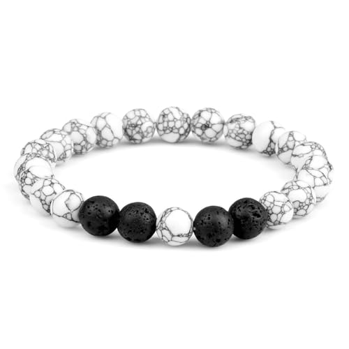 Gualiy Armband Elastisch Perlen, 8MM Weiß Türkis Lavastein Armband für Damen und Herren von Gualiy