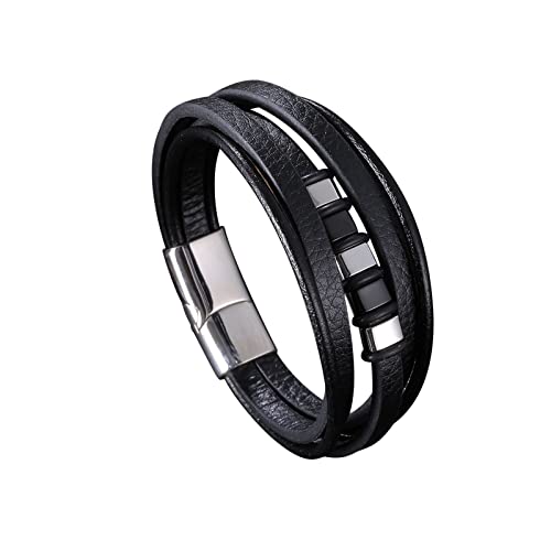 Gualiy Armband Herren Edelstahl, Leder Armband Punk Mehrschichtig Schwarz Armband mit Silber Armband 20.5CM Armband Retro Herren von Gualiy