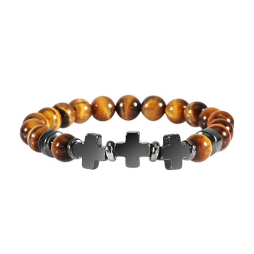 Gualiy Armband Naturstein Damen, 8MM Tigerauge Armband mit Kreuz für Herren von Gualiy