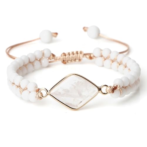 Gualiy Armband Naturstein Herren, 4MM Weiß Porzellan Armband mit Rhombus Charme für Damen 17-28CM von Gualiy