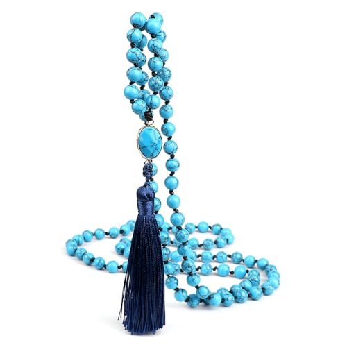 Gualiy Armband Naturstein Perlen, 8MM Blau Türkis Armband mit Quasten für Damen und Herren von Gualiy