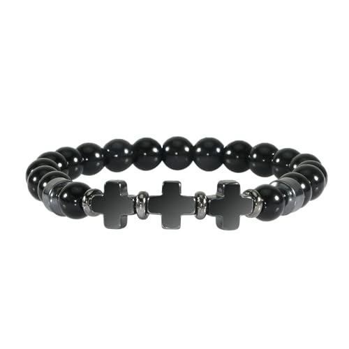 Gualiy Armband Perlen Damen, 8MM Poliert Stein Armband mit Kreuz für Herren von Gualiy