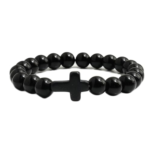 Gualiy Armband Perlen Damen, 8MM Schwarz Poliert Stein Armband mit Kreuz für Herren 17CM von Gualiy