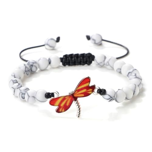 Gualiy Armband Perlen Edelstein, 8MM Türkis Armband mit Orange Libelle für Damen Herren 17-28CM von Gualiy