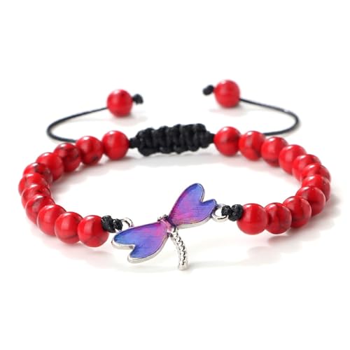 Gualiy Armband Stein Damen, 8MM Türkis Armband mit Lila Libelle für Herren 17-28CM von Gualiy