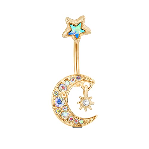 Gualiy Bauchnabelpiercing Chirurgenstahl Nickelfrei Mond Stern mit Zirkonia Bauchnabelpiercing für Damen Gold von Gualiy