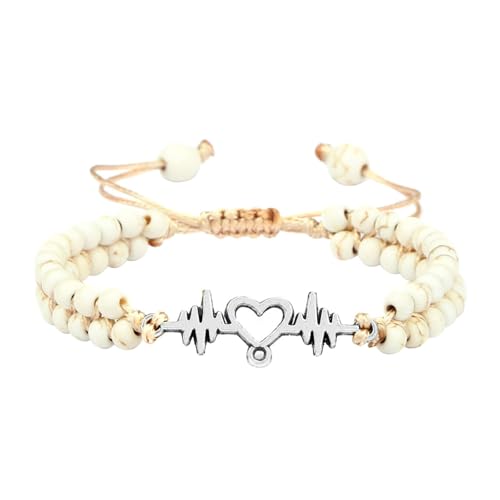 Gualiy Chakra Armband Edelstein, Doppelschicht 4MM Weiß Türkis Armband mit Elektrokardiogramm für Damen Herren von Gualiy