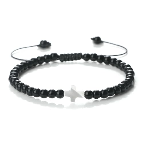 Gualiy Chakra Edelstein Armband, 4MM Poliert Stein Armband mit Kreuz für Herren und Damen 17-28CM von Gualiy