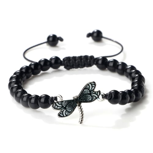 Gualiy Chakra Edelstein Armband, 8MM Poliert Stein Armband mit Schwarz Libelle für Herren und Damen 17-28CM von Gualiy