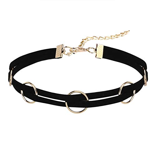 Gualiy Choker Halskette Samt Doppel Halsband O-Ring Form Anhänger Hoker Maskenspiel Halsschmuck Gold Schwarz, 31.5+9.5CM von Gualiy