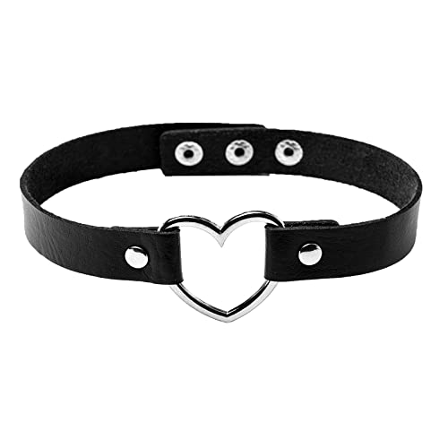 Gualiy Damen Choker Halsband, Choker Kette Silber Herz Punk Rock Halskette Schwarz Einstellbar Lederhalsband Tattoo Choker für Frauen Mädchen 40CM von Gualiy