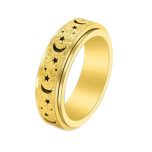 Gualiy Damenringe Edelstahl, Gold Fidget Anxiety Ring 6MM Stern und Mond Drehbar Ringe Größe 57 (18.1) von Gualiy