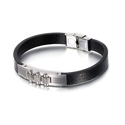 Gualiy Edelstahl Armband Für Männer, Armband Leder Herren Schwarz Geflochten Armband mit Drehbares Getriebe 23.5CM Herren Schmuck Armband von Gualiy