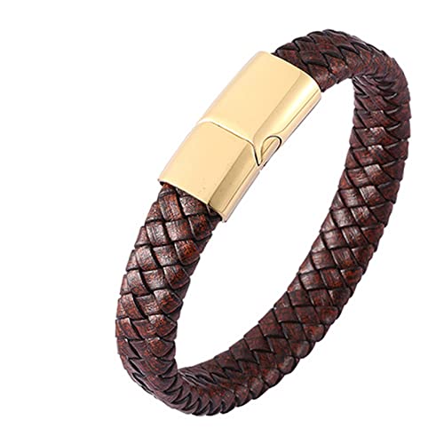 Gualiy Edelstahl Armband Herren Schmuck, Lederarmband Biker Herren Dunkel Braun Geflochten Armband mit Gold Schnalle 20.5CM Schmuck Herren Armband von Gualiy