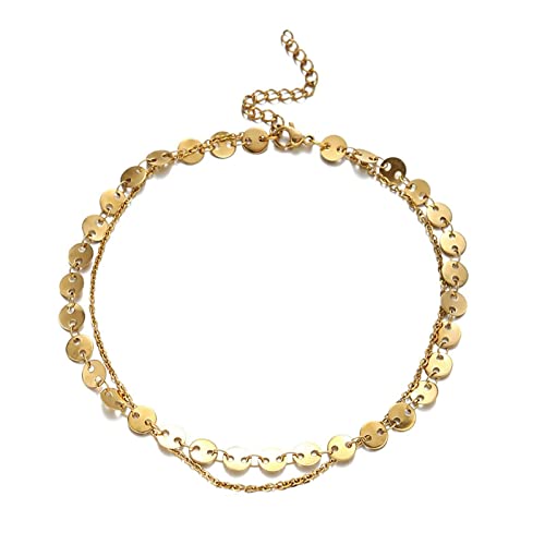 Gualiy Edelstahl Fußkettchen, Fußkette Gold Verstellbar Doppelte Kette mit Rund Fußkette Frauen 30CM von Gualiy