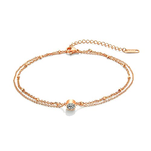 Gualiy Edelstahl Fußkette, Fußketten Rosegold Damen Doppelschicht aus Zirkonia Fußkette Verstellbar 22+5cm von Gualiy