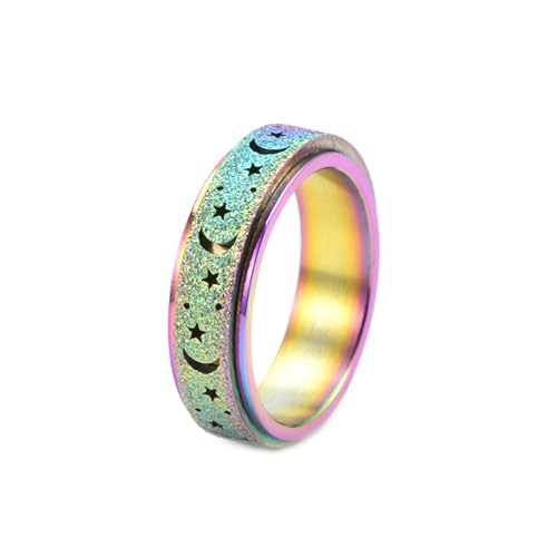 Gualiy Edelstahl Ring Frauen, Bunt Spinner Ringe für Damen 6MM Stern und Mond Drehbar Ringe Größe 57 (18.1) von Gualiy