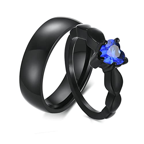 Gualiy Edelstahl Ring Set, Verlobungsringe Paar 6MM Schwarzer Ring mit Blau Zirkonia Herz Ringe Damen 57 (18.1) & Herren 62 (19.7) von Gualiy