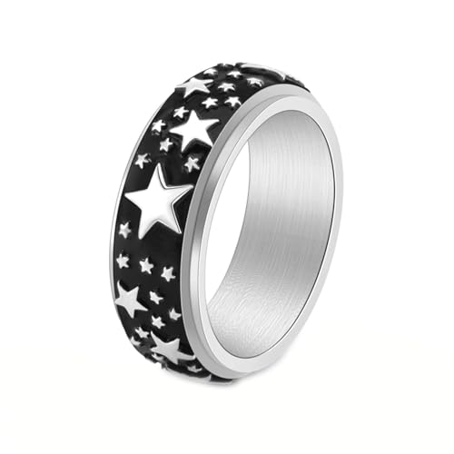 Gualiy Edelstahl Ringe Herren, Silber Schwarz Spinner Fidget Ring 8MM Ring mit Drehbar Stern Ring Größe 65 (20.7) von Gualiy