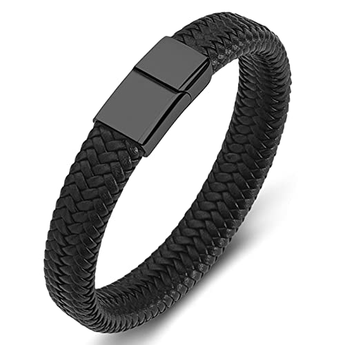 Gualiy Edelstahl Schmuck Männer Armband, Lederarmband Vintage Schwarz Geflochten Armband mit Schwarz Schnalle 18.5CM Herren Armband Punk von Gualiy