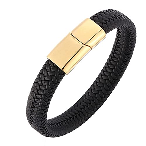 Gualiy Edelstahl Schmuck Männer Armband, Männer Armband Leder Schwarz Geflochten Armband mit Gold Schnalle 18.5CM Armband Herren Hip Hop von Gualiy