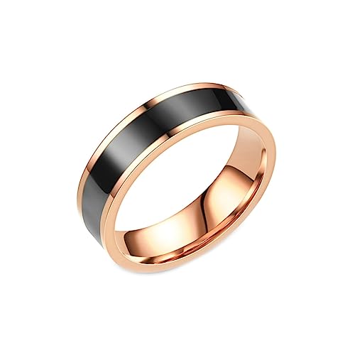 Gualiy Edelstahlring Herren, Damen Ringe Roségold 6MM mit Schwarz Emaille Ringe Größe 70 (22.3) von Gualiy