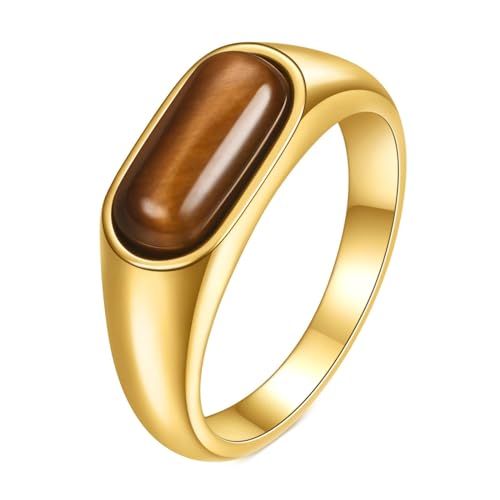 Gualiy Edelstahlring Herren, Gold Freundschaftsringe Damen mit Oval Braun Stein Ringe Größe 52 (16.6) von Gualiy