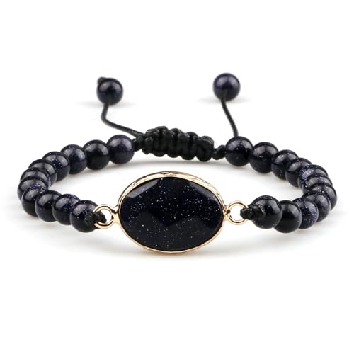Gualiy Edelstein Armband Herren, 6MM Dunkelblau Stein Armband mit Oval Charme für Damen 17-28CM von Gualiy
