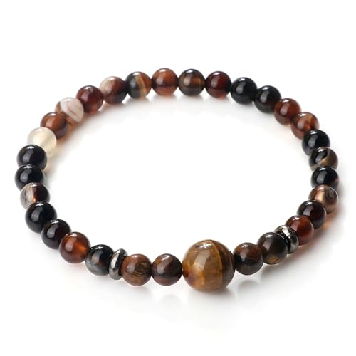 Gualiy Edelstein Perlen Armband, 6MM Achat Armband mit 10MM Tigerauge Stein für Damen und Herren 19CM von Gualiy