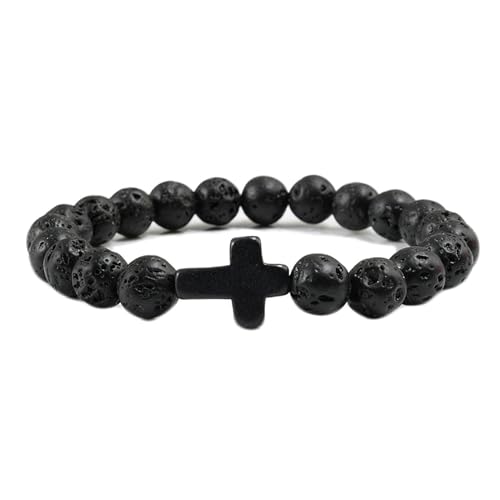 Gualiy Edelstein Perlen Armband, 8MM Lavastein Armband mit Kreuz für Damen Herren 19CM von Gualiy