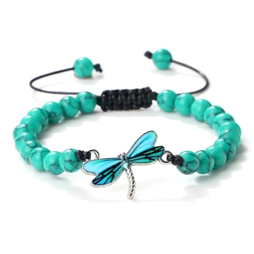 Gualiy Edelstein Perlen Armband, 8MM Türkis Armband mit Hellblau Libelle für Herren und Damen 17-28CM von Gualiy