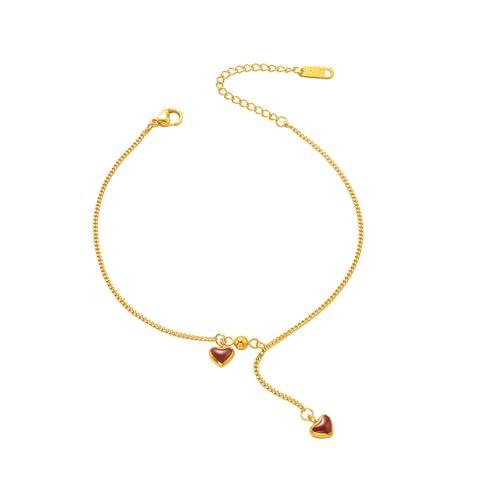 Gualiy Fußkettchen Damen Edelstahl, Fußkettchen Gold Doppelt Herz Fußkette Verstellbar 20+5cm von Gualiy