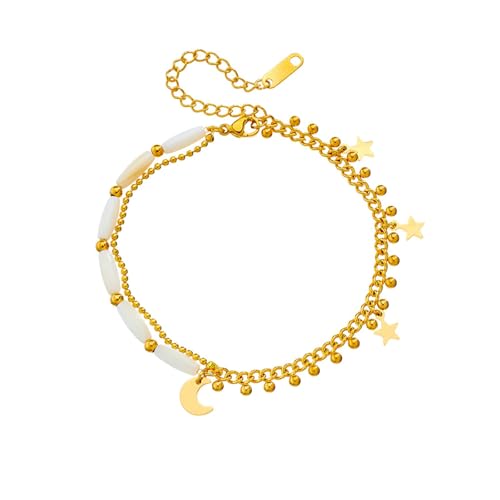 Gualiy Fußkettchen Edelstahl Damen, Fußkettchen Gold Doppellagige Kette mit Mond und Stern Fußkette Verstellbar 18+6.5cm von Gualiy