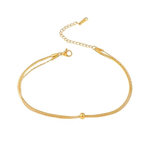 Gualiy Fußkettchen Edelstahl Gold, Fußkettchen Damen Doppellagige Kette mit Perle Fußkette Verstellbar 21+5cm von Gualiy
