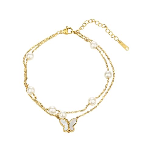 Gualiy Fußkettchen Edelstahl Gold, Fußkettchen Damen Doppellagige Kette mit Schmetterling und Perlen Fußkette Verstellbar 21+5cm von Gualiy