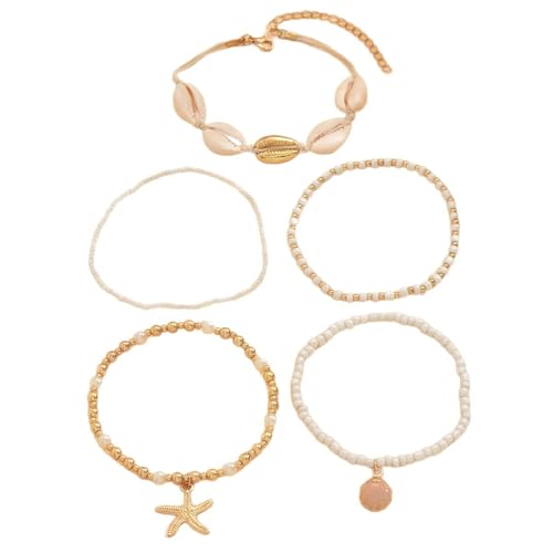Gualiy Fußkettchen Gold, Fußkette Damen Mehrschichtig Kette mit Muschel und Seestern Charme Fussketten für Frauen 23+7cm von Gualiy