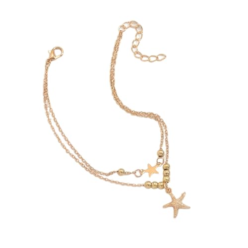 Gualiy Fußkettchen Gold Damen, Fußkettchen Doppellagige Kette mit Perlen und Seestern Fußkette Verstellbar 23+5cm von Gualiy