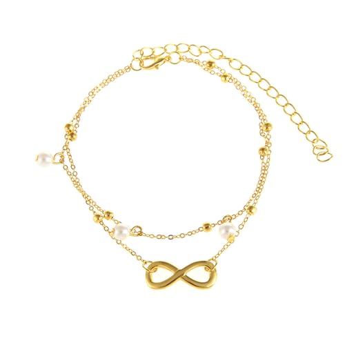 Gualiy Fußkettchen Gold Damen, Fußkettchen Doppelschicht Unendlichkeit mit Perlen Fußkette Damen 22.5+10cm von Gualiy