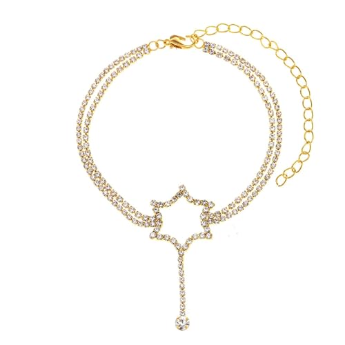 Gualiy Fußkettchen Gold Damen, Fußkette Doppellagige Kette mit Stern Zirkonia Schmuck Damen Fußkette 21.7+10cm von Gualiy