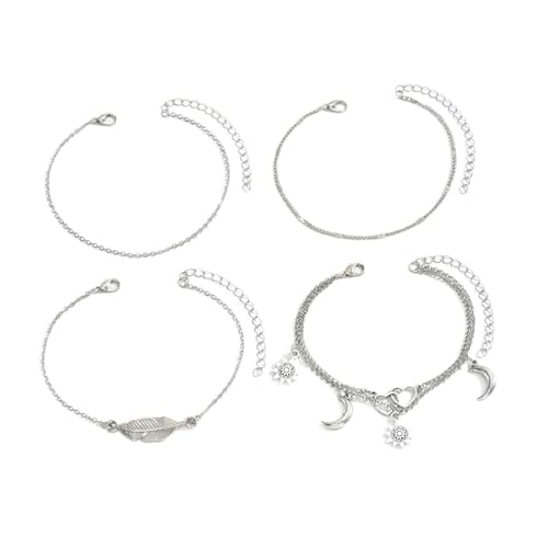 Gualiy Fußkettchen Silber Damen, Fußkettchen Mehrschichtig Kette mit Mond Herz und Blatt Fußkette Damen 19+7cm von Gualiy