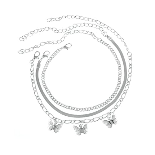 Gualiy Fußkettchen Silber Damen, Fußkette 3PCS Set Mehrschichtig Kette mit Schmetterling Schmuck Damen Fußkette 21.5+10cm von Gualiy