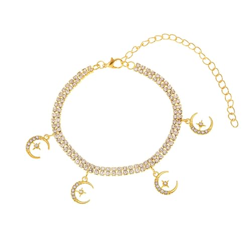 Gualiy Fußkette Damen, Fußkettchen Gold Zirkonia Tennis-Kette mit Mond Stern Charme Fußkettchen Verstellbar 21.5+10cm von Gualiy