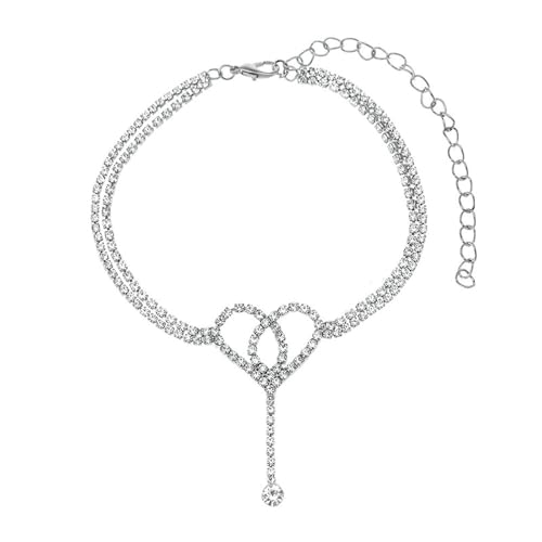 Gualiy Fußkette Damen, Fußkette Silber Doppelschicht Zirkonia Kette mit Hohl Herz Fussketten Frauen Boho 22.7+10cm von Gualiy