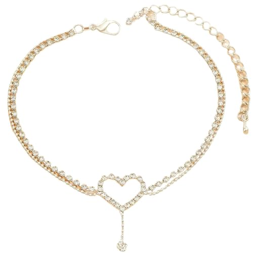Gualiy Fußkette Damen Silber, Fußkettchen Doppelschicht Herz mit Zirkonia Damen Fußkette 21+5cm von Gualiy