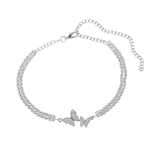Gualiy Fußkette Damen Silber, Fußkettchen Schmetterling mit Zirkonia Fußkette Verstellbar 22.7+11.5cm von Gualiy