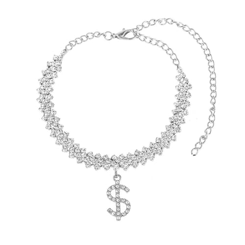 Gualiy Fußkette Damen Silber, Fußkettchen Zirkonia Tennis-Kette mit Dollarzeichen Damen Fußkette 18+10cm von Gualiy