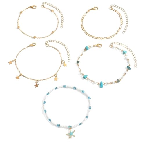 Gualiy Fußkette Frauen Gold, Fußkettchen Mehrschichtig Kette mit Stern und Seestern Fußkettchen Verstellbar 18+7.5cm von Gualiy