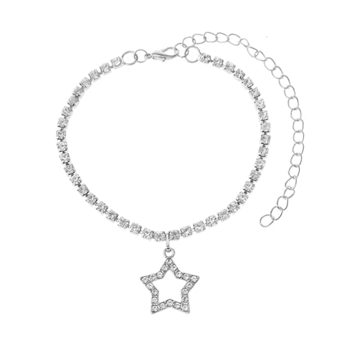 Gualiy Fußkette Frauen Silber, Fußkettchen Zirkonia Tennis-Kette mit Stern Charme Fußkettchen Verstellbar 21+10cm von Gualiy